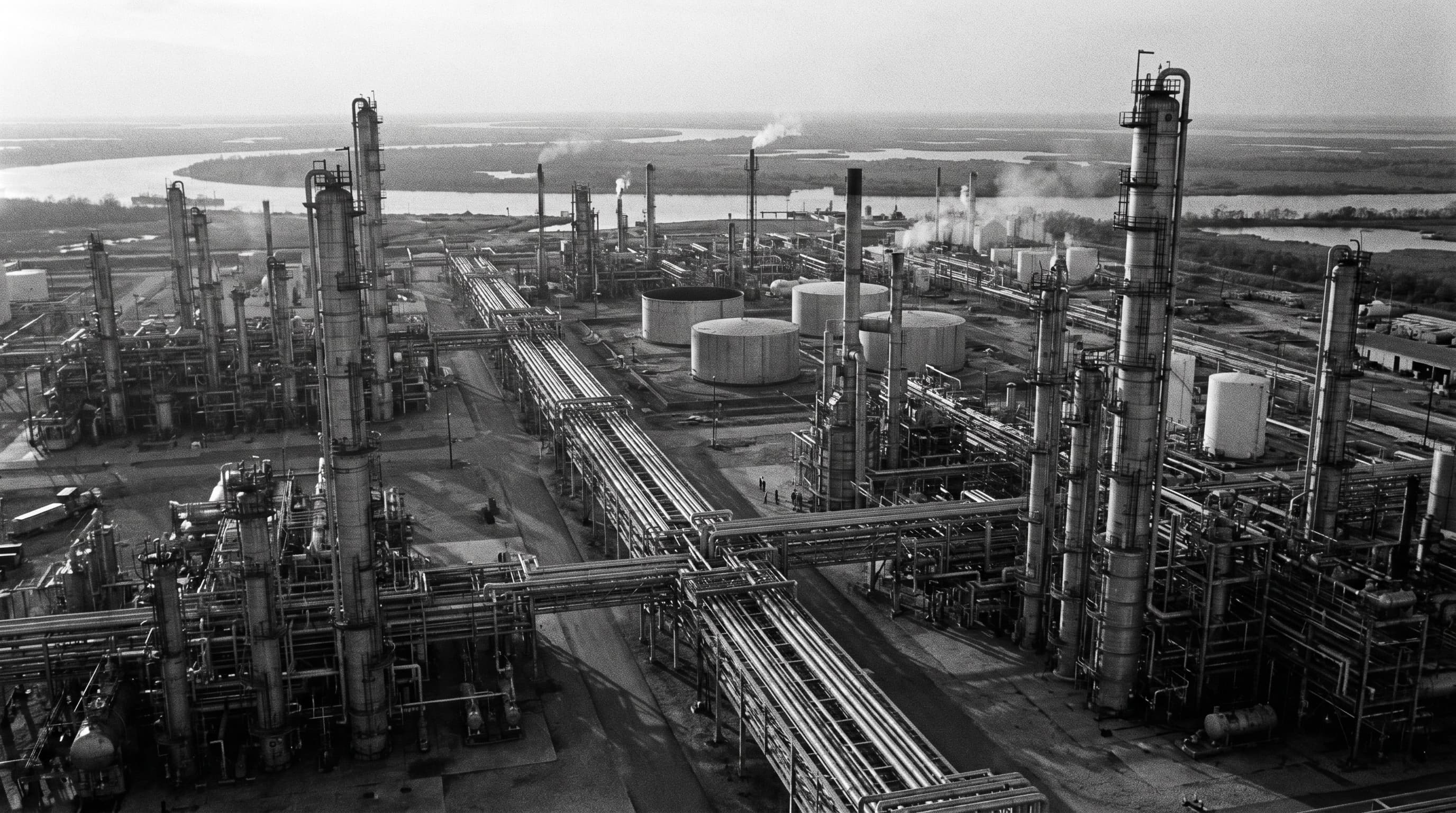 A welded steel pipe lattice at an industrial petroleum facility, photographed in black-and-white film grain.